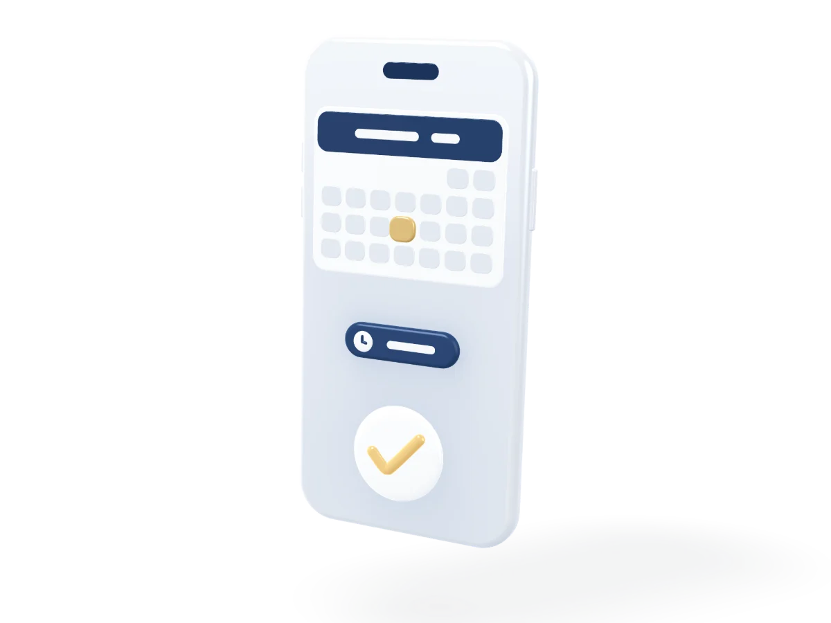 Booking a visit: a phone floats in, its calendar turns over to a date that lights up in gold, a time settles into place and a gold tick confirms it