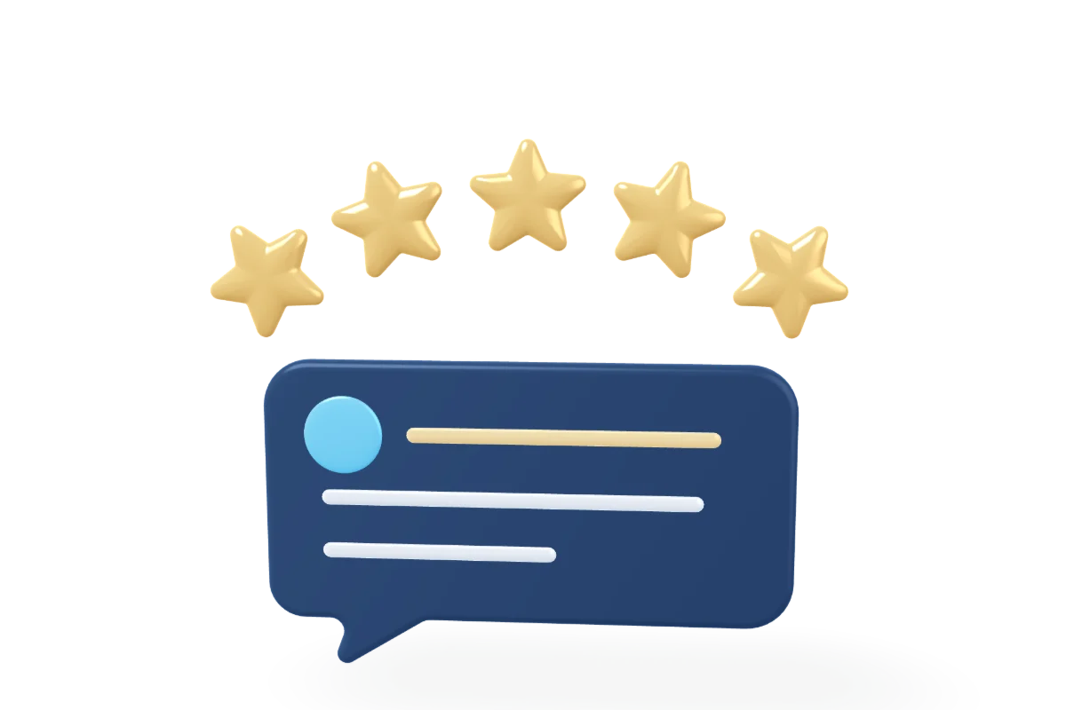 Five gold stars drop in one by one and settle on an arc, and a review card glides up beneath them as its lines are written